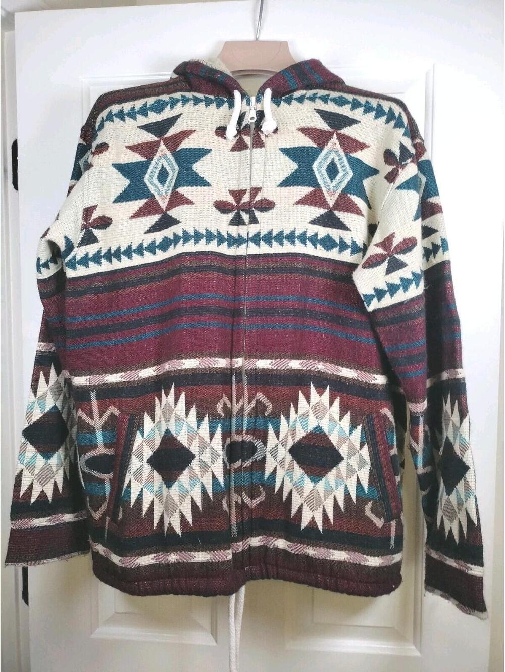 Vintage‎ Tejidos Ruiz South American Wool Blend Zip Hoodie Aztec Southwest Large